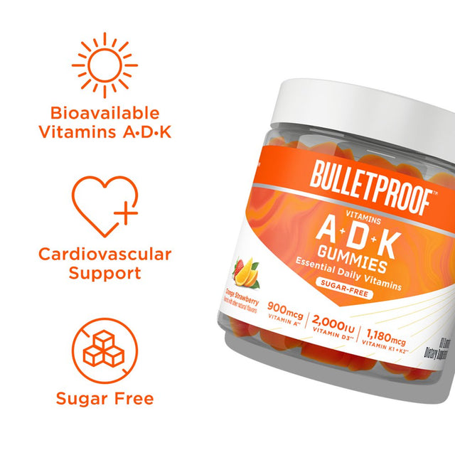 Vitamins A-D-K, 60 Sugar-Free Gummies, Strawberry Orange Flavor |1000Mcg K1, 900Mcg A, 180Mcg K2, 50Mcg D3 | High Potency Bulletproof Keto Supplement for Heart, Bone and Immune Support