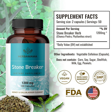 HERBAMAMA Stone Breaker 100 Capsules - Organic Chanca Piedra Kidney & Liver Support, Urinary Cleanse