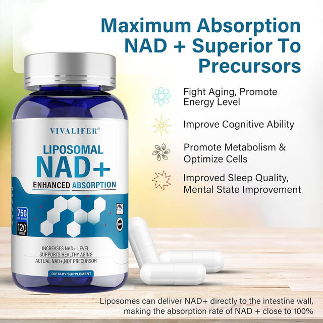 VIVALIFER Liposomal NAD+ Supplement, NAD+ 500Mg with TMG 250 Mg for Ultra Max Enhanced Absorption, Promotes Anti-Aging, Energy and DNA Repair, Brain Function - 120 Capsules