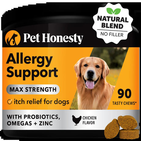 Pet Honesty Dog, Max Strength Allergy Support Supplement W Probioitcs Omegas and Zinc, Chicken Flavor, 90 Count Soft Chews