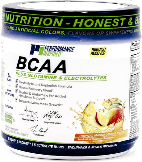 PERFORMANCE INSPIRED Nutrition - 5G BCAA Powder with Added Electrolytes - Taurine & Glutamine - All-Natural Recovery Rebuild & Clean Formula- 1.46Lb - Tropical Mango Delight