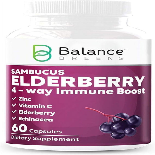 Balance Breens Sambucus Elderberry Extract - 4 Way Immune Support with Elderberry, Vitamin C, Zinc, Echinacea - Powerful Antioxidant - 60 Count