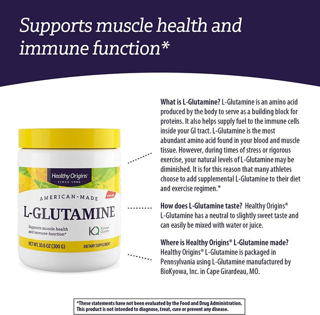 Healthy Origins L-Glutamine Powder, 300 G - Amino Acid & Muscle Strength Support - American-Made L-Glutamine Powder - Immune Support Supplement - Vegan, Non-Gmo & Gluten-Free Supplement - 10.6 Oz