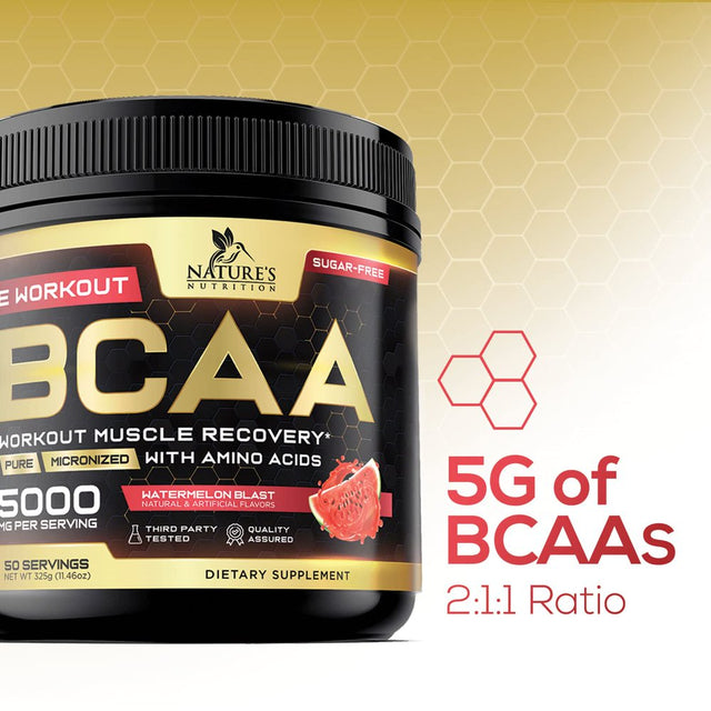 BCAA Powder - Post Workout Muscle Recovery Support Supplement, Pre Workout Energy 2:1:1 with Essential Amino Acids, Keto, Sugar-Free, 4G Bcaas plus 1G Glutamine per Serving, Watermelon - 50 Servings