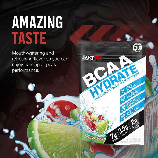 JAKTRX BCAA Hydrate - Premium Branched Chain Amino Acids & Hydration Formula - 7G Bcaas, 2:1:1 Ratio, 3.5G Leucine, 2G Coconut Water, Caffeine-Free, Electrolytes - 30 Servings (360G) - Cherry Limeade