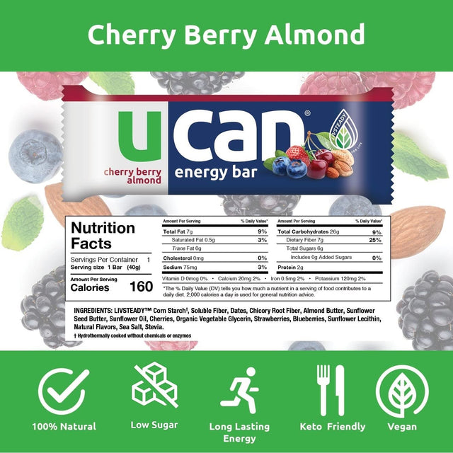 UCAN Chocolate Almond Butter & Cherry Berry Energy Bars Bundle - No Added Sugar, Soy-Free, Non-Gmo, Vegan, & Keto-Friendly