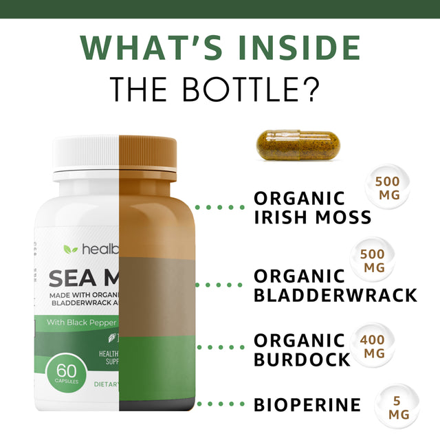 Healblend Organic Irish Moss, Bladderwrack, Burdock, & Bioperine - 1405Mg with Black Pepper - Natural Wellness and Detox Support Supplement - 60 Capsules