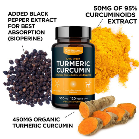 Turmeric Curcumin with Bioperine Black Pepper Extract Capsules by Phi Naturals - Turmeric Curcumin Supplement