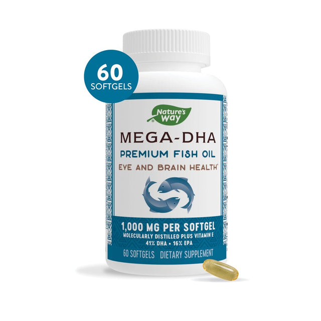 Nature'S Way MEGA-DHA Premium Fish Oil with Vitamin E, 1000 Mg, 60 Count