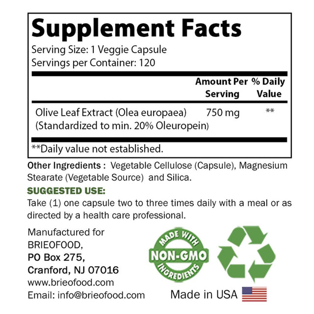 Brieofood Olive Leaf Extract 750 Mg - 20% Oleuropein - Immune Support - 120 Veggie Capsules