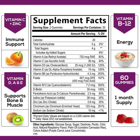 Multivitamin Gummies, Extra Strength Daily Multi Vitamin Gummy for Women & Men with Vitamins A, C, D, E, B6, B12, Zinc & Antioxidants Supplement for Immune Health Support, Non-Gmo, Berry - 60 Gummies