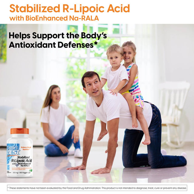 Doctor’S Best Stabilized R-Lipoic Acid with Bioenhanced Na-Rala , Non-Gmo, Gluten Free, Vegan, Helps Maintain Blood Sugar Levels, 100 Mg 180 Veggie Caps