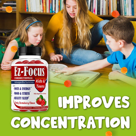 Ez-Focus Brain Booster Gummies for Kids & Teens -Brain Supplement with Omega, Support Focus, Memory, Concentration and Cognition - Vegan, Non-Gmo - 60 Gummies