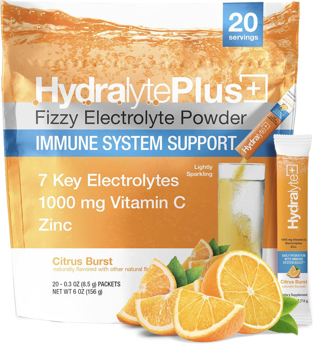 Hydralyte Electrolytes plus Immunity, Citrus Low Sugar Rapid Rehydration Powder - Lightly Sparkling Electrolyte Powder Packets with 1,000Mg Vitamin C and Zinc for an Immune Boost (8Oz Serve, 20 Count)