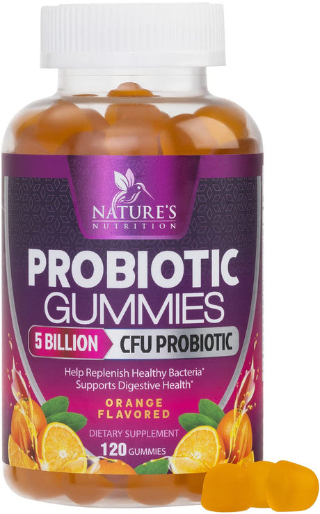 Nature'S Nutrition Probiotics for Women & Men Gummy, Extra Strength 5 Billion CFU, Lactobacillus Acidophilus Daily Probiotic Supplement, Supports Immune & Digestive Health, Orange Flavor, 120 Gummies