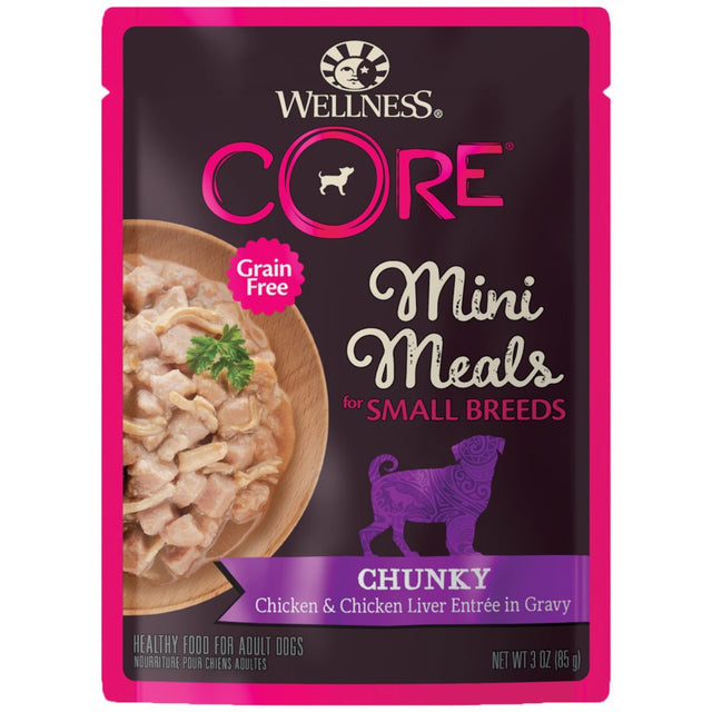 Wellness CORE Natural Grain Free Small Breed Mini Meals Wet Dog Food, Chunky Chicken & Chicken Liver Entrée in Gravy, 3-Ounce Pouch (Pack of 12)