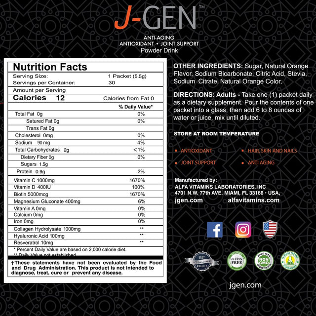 J-GEN® Anti-Aging - Antioxidant - Powder Drink - Dietary Supplement for Skin, Hair, Nails, and Joints - Daily Hydration- 30 Packets