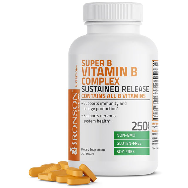 Bronson Super B Vitamin B Complex Sustained Slow Release (Vitamin B1, B2, B3, B6, B9 - Folic Acid, B12) Contains All B Vitamins 250 Tablets