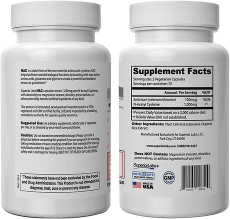 Superior Labs - NAC (N-Acetyl Cysteine) - Dietary Supplement with Selenium - 1,200Mg, 150 Vegetable Capsules - Free Radical Protection - Normal Immune System Function - Maintains Cellular Health