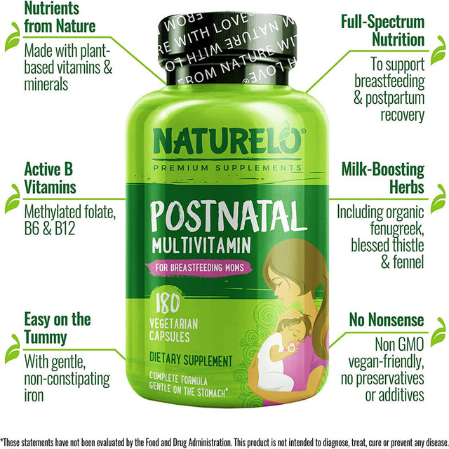 NATURELO Postnatal Multivitamin - Supplement for Breastfeeding Women - Plant-Based Vitamin D, Folate, Gentle Iron - for Nursing Mother, Baby - Post Natal Lactation Support (180 Count (Pack of 1))