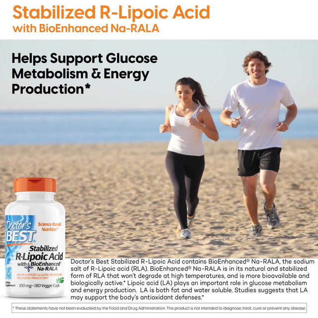 Doctor’S Best Stabilized R-Lipoic Acid with Bioenhanced Na-Rala , Non-Gmo, Gluten Free, Vegan, Helps Maintain Blood Sugar Levels, 100 Mg 180 Veggie Caps