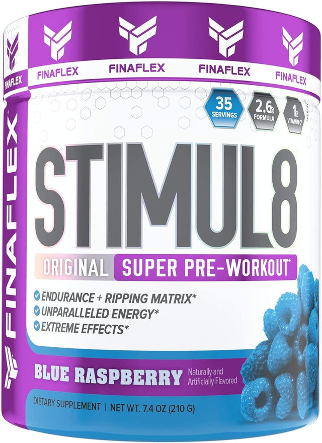 FINAFLEX STIMUL8 Original Super Pre-Workout, Blue Raspberry - Energy, Strength & Endurance for Men & Women - with Caffeine, Beta-Alanine & Vitamin C - 35 Servings