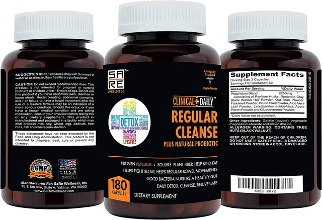 Regular Cleanse plus Natural Probiotic - Colon Cleanse & Gut Detox Supplement - Assists with Energy and Constipation Relief - Herbal Dietary Fiber Psyllium Husk Capsules - 180 Count