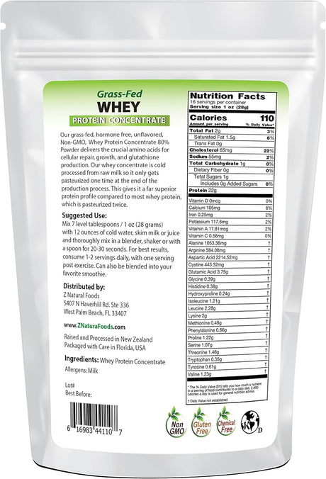 Z Natural Foods Grass-Fed Whey Protein Powder from New Zealand, Unflavoured and Undenatured Protein Powder Enriched with Vital Proteins, 100% Pure, Gluten-Free, Non-Gmo, Kosher, 1 Lb.