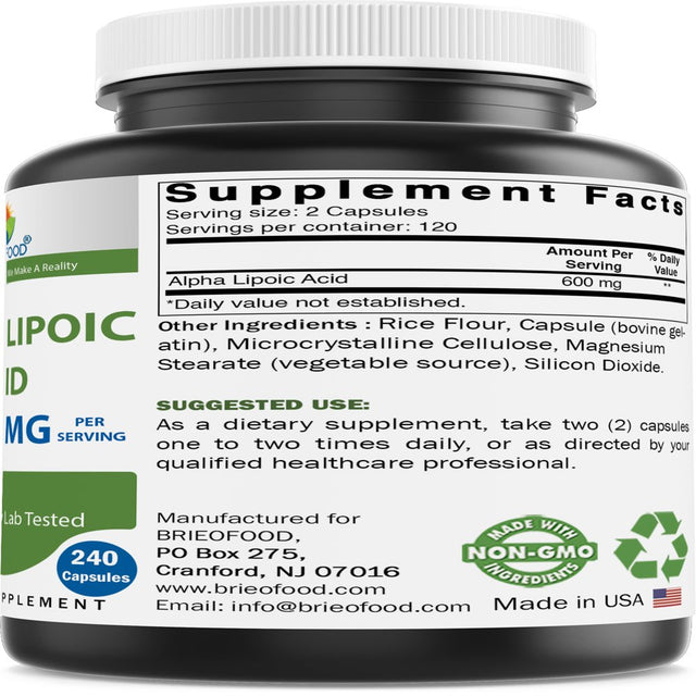 Brieofood Alpha Lipoic Acid 600Mg per Serving - 240 Capsules