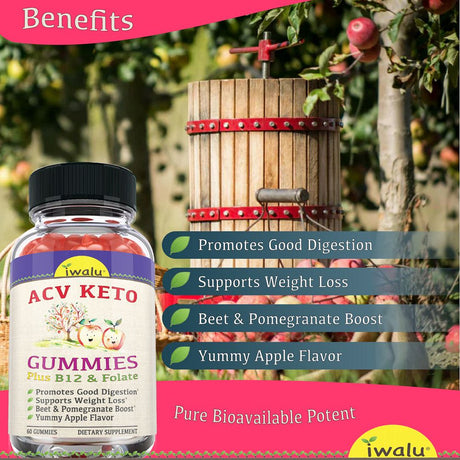 IWALU Keto ACV Gummy Advanced Weight Control - Healthy Belly Fat Mgr, Daily AC Max Keto plus +ACV Gummies PH Balance Pills Caprylic Acid Digestive Supplement B12 Folate for Women Detox & Cleanse 60 CT