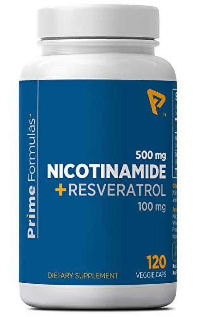 Nicotinamide 500 Mg with Resveratrol 100 Mg 120 Veggie Capsules - Vitamin B3 No-Flush, Non-Gmo, Gluten-Free, Made in USA