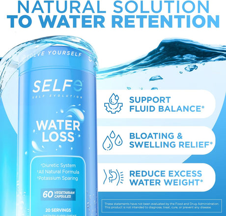 Water Loss Pills - Natural Diuretic Pills for Water Retention - Water Pill for Fast Acting Bloating Relief - Easy to Take Water Retention Pills for Women and Men - 60 Veggie Capsules