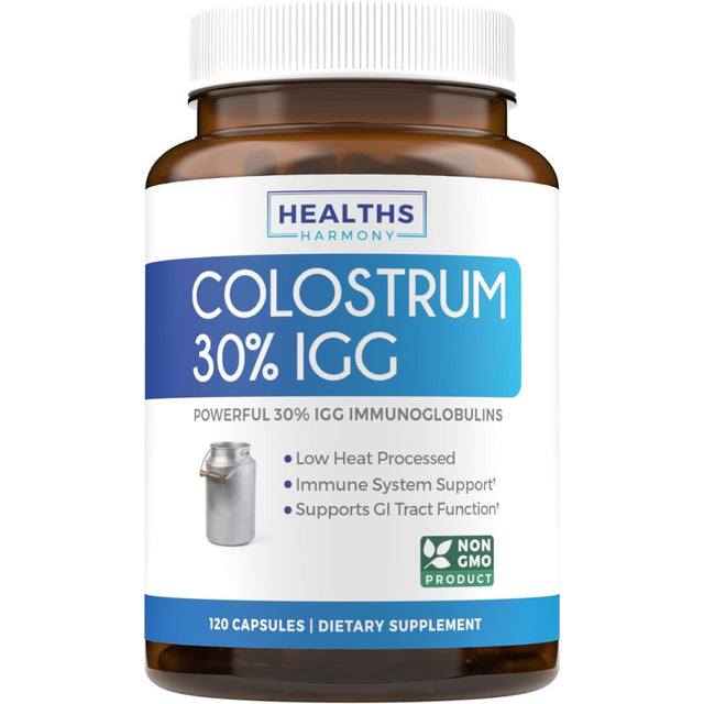 Healths Harmony Colostrum 1000Mg (Non-Gmo) 30% Igg Immunoglobulins - Immune System Support, Gut Health and Respiratory Health Supplement - Low Heat Processed Bovine Colostrum - 120 Capsules