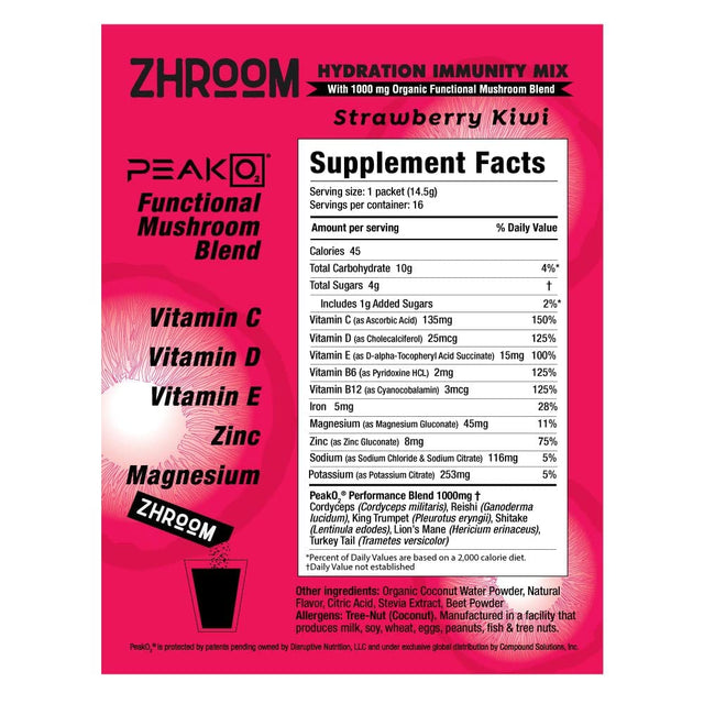 ZHROOM Hydration Immunity Mix Strawberry Kiwi- |Antioxidant&Electrolyte Supplement Drink Mix Powder with 1000Mg Organic Functional Mushroom Blend|Refreshing&Thirst Quenching Immune Support(Pack of 16)