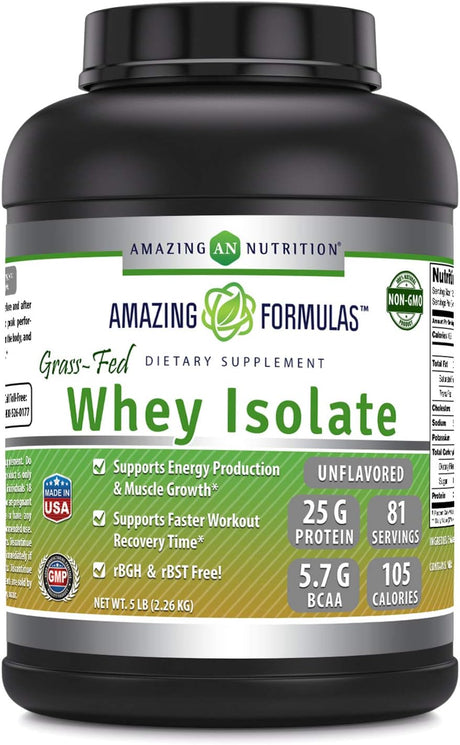 Amazing Formulas Grass-Fed Whey Protein Isolate - Unflavored 5 Lbs (2.26 Kg) - Non-Gmo - 25 G Protein - 81 Servings - 5.7 G Bcaas - 105 Calories