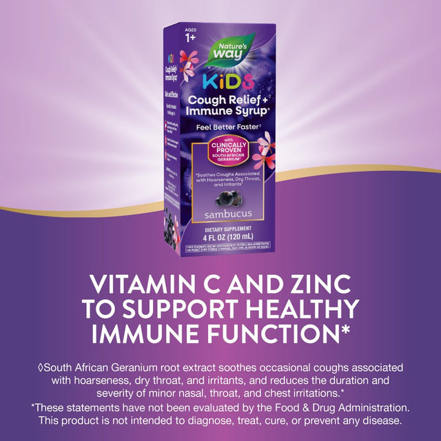 Nature'S Way Sambucus Kids Cough Relief + Immune Syrup, with Elderberry Extract & Vitamin C, 4 Fl Oz