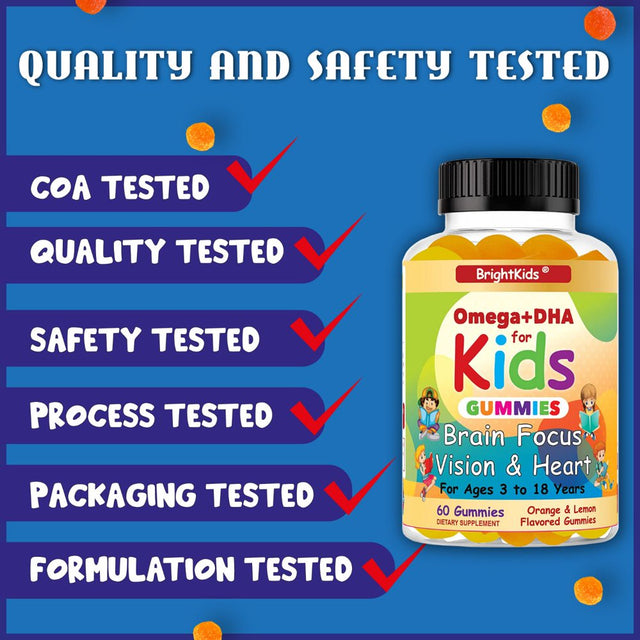 Brightkids Brain Focus, Vision & Heart Health Formula, Omega 3 Gummies +DHA, Support Focus Attention Memory Cognition Focus Formula for Kids 60 Gummies