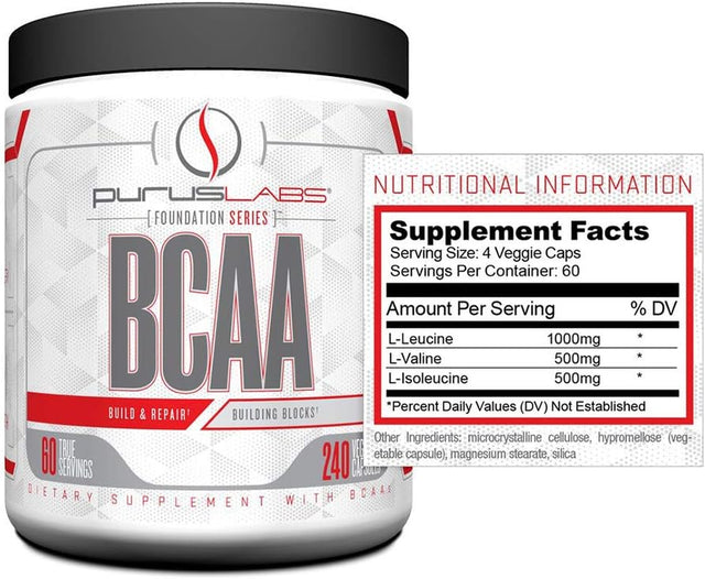 BCAA Capsules by Purus Labs Foundation Series | 2:1:1 Leucine, Valine, Isoleucine | for Recovery, Endurance, Strength and Muscle Building | 240 Capsules (60 Servings)