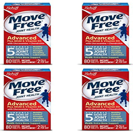 Move Free Advanced Glucosamine Chondroitin MSM Vitamin D3 and Hyaluronic Acid Joint Supplement 80 Count Pack of 4