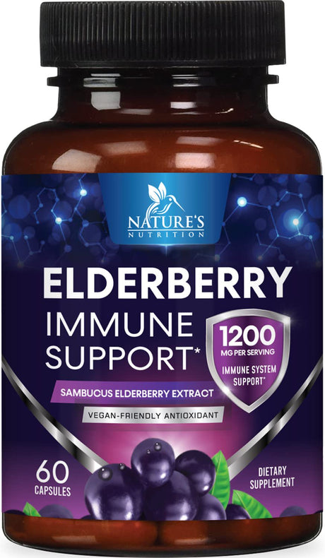 Nature'S Nutrition 10:1 Elderberry Extract Capsules - Highly Concentrated Sambucus Black Elderberry, Immune Support Dietary Supplement, Elder Berry Vitamins, Gluten Free Non-Gmo - 60 Capsules