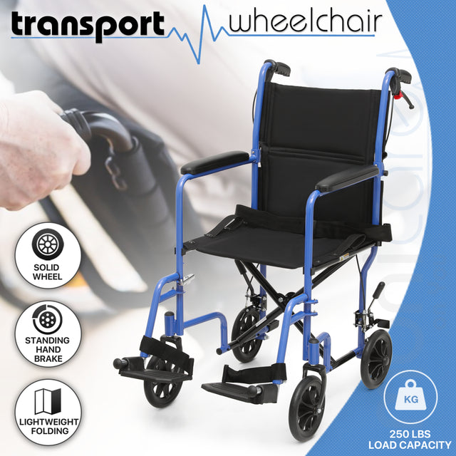 Monicare *FDA APPROVED* Transport Wheelchair, Folding Transport Chair with Swing Away Footrests and Flip Back Backrest, 250Lbs Weight Capacity, Blue