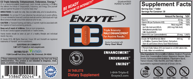 Enzyte3® Triple Intensity Male Enhancement with Energy & Endurance. Formulated with L-Citrulline, Guarana Seed Extract, Horny Goat Weed. Niacin, Vitamin B6, Folate and Vitamin B12. 30 Day Supply