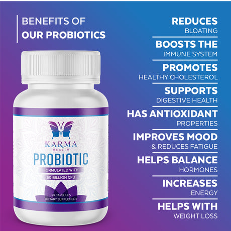 Karma Health Probiotic Formulated with 50 Billion CFU - Fiber Supplement - Digestive Enzymes - 1 Month Supply - for Men & Women - Vegan - GMO Free - Made in USA in FDA Supervised Facility - 5 Pack