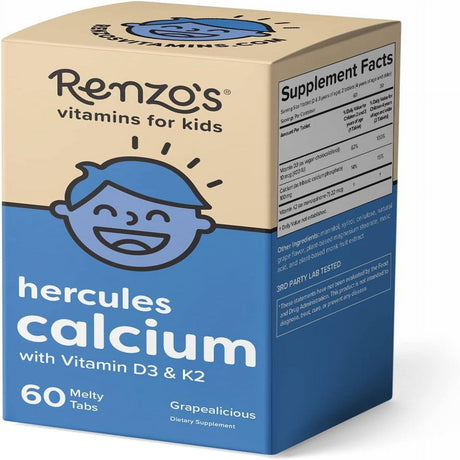 Renzo'S Hercules Calcium Supplement with Vitamin D3 & K2 - Fast Dissolving Vitamins for Kids, 60 Tabs, Grape