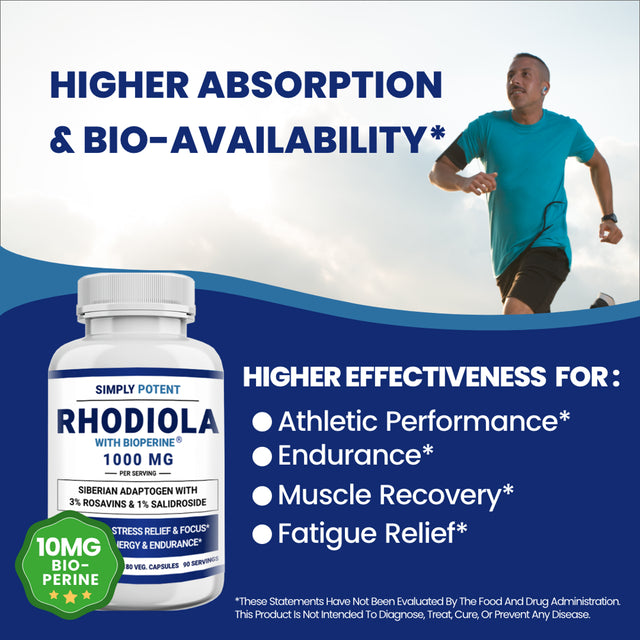 Siberian Rhodiola Rosea Capsules, Max Absorption Rhodiola 1000Mg 180 Pills with 10Mg Bioperine, Rhodiola Root Powder Extract Supplement W 3% Rosavins & 1% Salidroside for Stress Relief, Mood & Energy