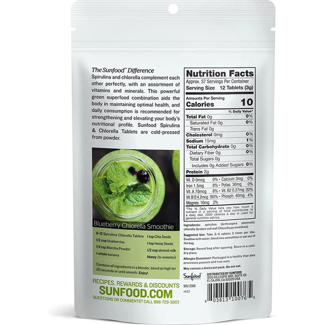 Sunfood Superfoods 2-In-1 Spirulina & Chlorella Tablets for Immune Support, 4 Oz