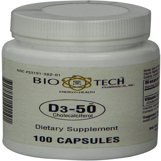 Bio-Tech Pharmacal D3-50 50,000 IU, 100 Capsules – All-Natural Supplement – Supports Bone, Cardiovascular, Neuromuscular, & Immune Health – No Dairy, Fish, Gluten, Peanut, Shellfish, & Soy