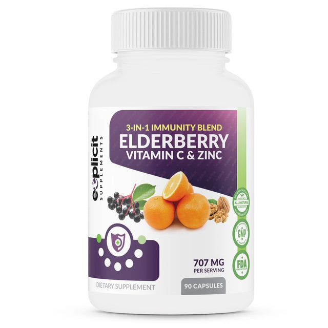 All Natural Elderberry, Vitamin C & Zinc Supplement - Triple Immunity Booster - Extra Strength 3 Month Supply - Supports Immune Health - Made in USA