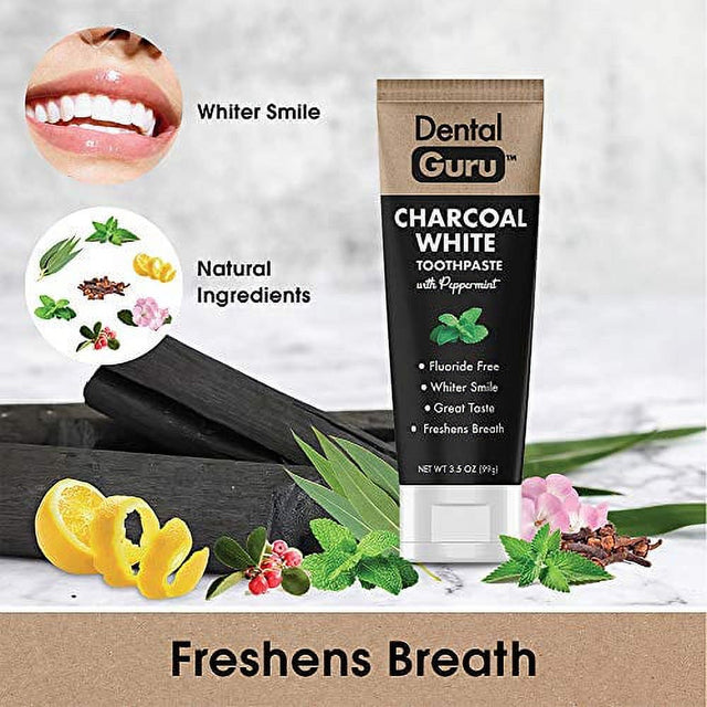 Dental Guru 6 Pack Charcoal Toothpaste with Peppermint - Natural & Fluoride Free - Whiter Teeth & Fresh Breath - Great Taste with Advanced Essential Oil Formula - Suitable for Everyday Use