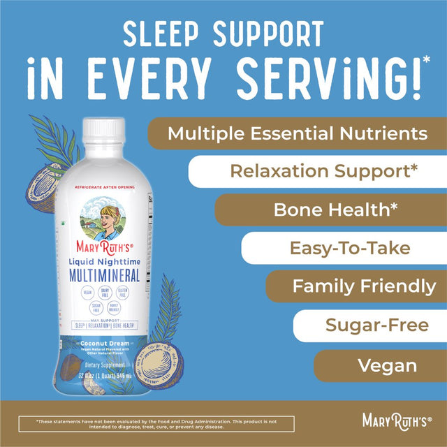 Maryruth Organics | Multimineral Supplement | Sleep Support, Relaxation, Bone Health for Adults & Kids | Coconut Flavor | Vegan | Gluten Free | Sugar Free | 32 Servings